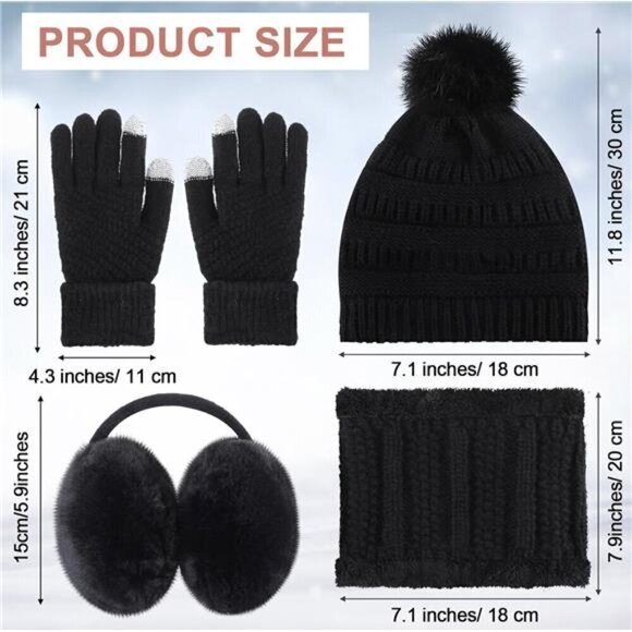 5 Pieces Women Winter Warm Set Knit Beanie Hat Scarf Touchscreen Gloves - Picture 2 of 6